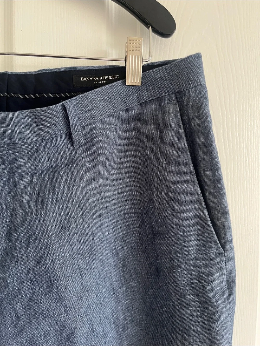 100% Linen Banana Republic Men's Heather Blue Chinos Coastal Beach Old Money